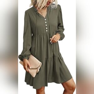 ECOWISH  Dress Women's V-Neck Puff Long Sleeve Army Green Dress Sz M NWT